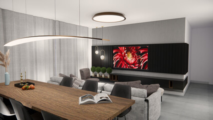 3d render of interior design - living room and kitchen design