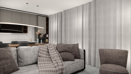 3d render of interior design - living room and kitchen design