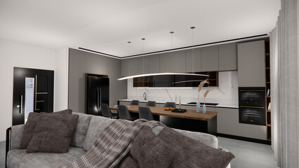 3d render of interior design - living room and kitchen design