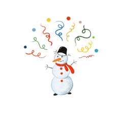 A cute snowman throwing up streamers. Hand drawn festive Christmas pattern.