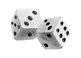 Watercolor Black and white dice against a white background