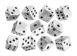 White watercolor dices with black dots set. Pipped dices with rounded corners. Die for casino craps, table or board games, luck and random choice symbol from different sides view