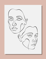 Vector poster with illustration of women’s line art face. Modern one line drawing with pastel colors. Sisterhood and Feminism. Illustration for web and print.