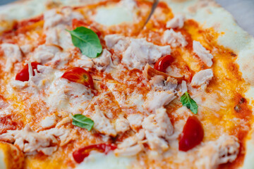 Roman pizza with cheese, chicken and tomatoes.