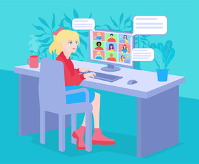 Modern education online remotely concept. Cheerful young girl student sitting at the computer on online lessons. Speak with teacher. Vector cartoon illustration.