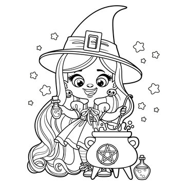 Cute cartoon long haired girl in Halloween witch dress brews a potion in a cauldron outlined for coloring page on white background