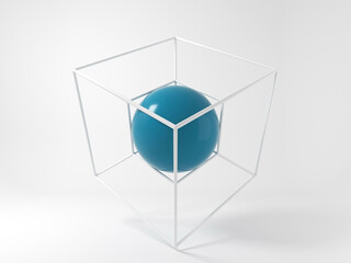 Abstract white 3d installation with shiny blue ball