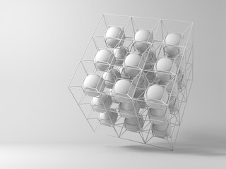 Abstract 3d installation. Cluster of white spheres in cube frame