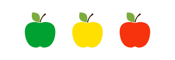 Apple of different varieties, green, yellow and red on a white background. Set of icons.