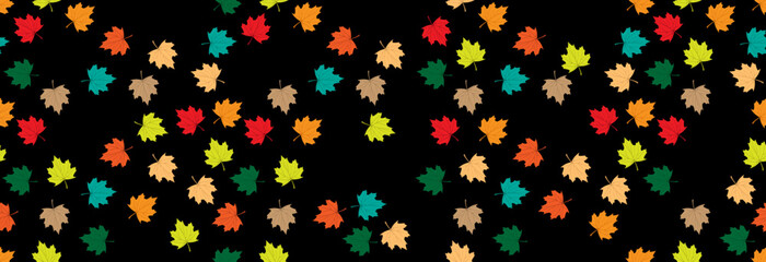 Autumn maple leaves in different colors on a black background. Seamless pattern.