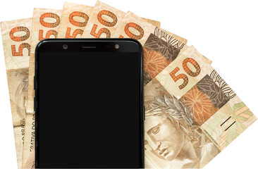 Cell phone with black screen over 50 reais bills from Brazil.	