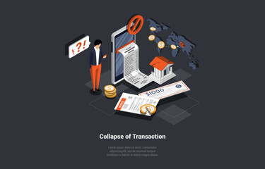 Concept Of Banking Transactions Collapse, Money Transfers And Payment for Goods and Services. People Making Payments Using Credit Cards And World Services. Isometric Cartoon 3d Vector Illustration