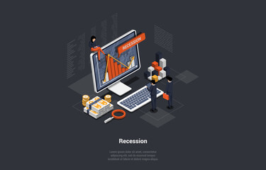 Concept Of Recession, Inflation, Bankruptcy. Decline in Manufacturing or Slowdown in Economic Growth, Mass Dismissal. Stressed People Trying To Safe Money. Isometric Cartoon 3D Vector illustration