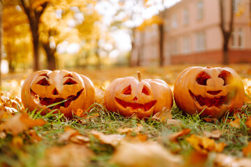 Set of orange pumpkins for halloween. Holidays, decoration concept.