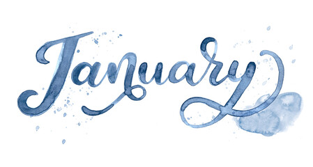 January, month of the year in watercolor with splash and brush letters. A beautiful lettering design of the word January to use in a calendar, diary, bullet journal, annual report or planner.