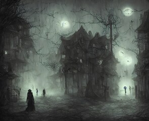 Scary beautiful halloween illustration. Background, poster, pumpkins, twilight forest, castle, bats. Mysterious and mystical. Nightmare 