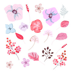 Flower collection of abstract vector images. Delicate flowers and leaves with decorative elements. Isolated design elements for the design of greeting wedding cards, wallpaper, patterns, print.