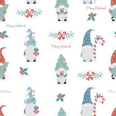 Christmas Seamless pattern with cute scandinavian gnomes with striped caramel stick and Christmas tree with toys balls on background with New Years mistletoe. illustration. cartoon style