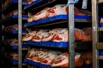 Modena, Italy - July 9, 2022: The various stages of prosciutto production in the industrial warehouse of Prosciuttificio Leonardi in the Modena region of Italy
