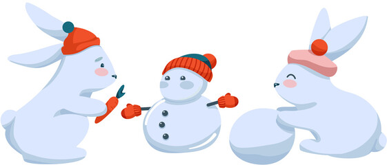 Cute Winter Characters to celebrate seasonal Holidays. Funny Bunnies make Snowman and attach carrot as a nose. Illustration isolated on transparent great for greeting cards, banners and posters.