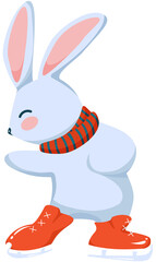 Funny rabbit in winter scarf enjoys ice skating. Cute character great for seasonal cards, banners and greeting cards. Illustration isolated on transparent background. 