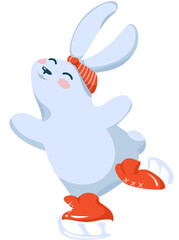 Cute rabbit in winter outfit enjoys ice skating. Funny winter character illustration isolated on transparent background. 