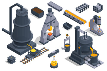 Fototapeta Isometric icons set with Blast furnace slag and pig iron tapping. Iron and steel Industry. Hot steel pouring in steel plant obraz