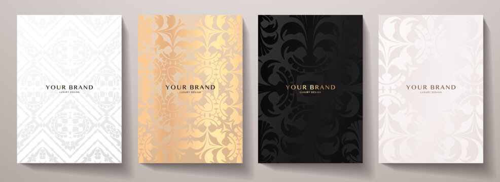 Luxury premium cover design set. Abstract background with gold, silver, black, white line pattern. Royal vector template for vertical menu, brochure, flyer layout, lux invite card