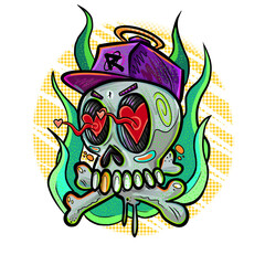 Skull and bones with love in the eyes, colorful design print, graffiti illustration.