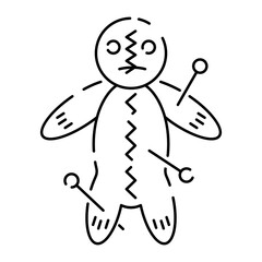 Halloween kawaii voodoo doll line icon. Cute smiling Halloween line character for kids. Cartoon illustration. Samhain party puppet icon. Trick or treat and scary