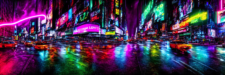 Futuristic metaverse city concept with glowing neon lights. Banner size