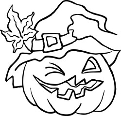 Halloween pumpkin monster head hand drawn illustration. Big round orange pumpkin. Cute and scary face ghost. Poster print design, party decoration, invitation deco. Vector drawing.