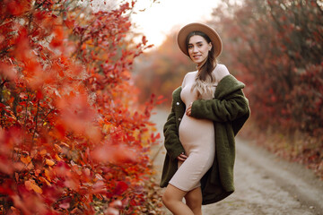 Beautiful pregnant  woman feeling lovely and Relax in the park. Motherhood. Maternity. Autumn season.