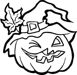 Halloween pumpkin monster head hand drawn illustration. Big round orange pumpkin. Cute and scary face ghost. Poster print design, party decoration, invitation deco. Vector drawing.