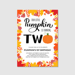 Our Little Pumpkin is turning two. Baby second birthday invitation card. Autumn birthday party. Vector template