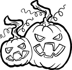 Halloween pumpkin monster head hand drawn illustration. Big round orange pumpkin. Cute and scary face ghost. Poster print design, party decoration, invitation deco. Vector drawing.