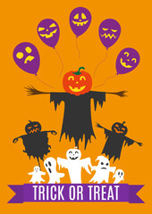 Cartoon character of a scarecrow pumpkin and ghost with balloon it is isolated on a yellow background. Trick or treat, happy halloween