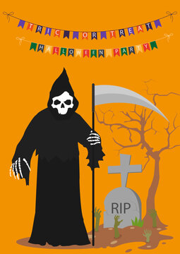 Halloween theme. Grim reaper and grave vector illustration with yellow background. Happy halloween. Trick-or-treat