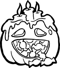 Halloween pumpkin monster head hand drawn illustration. Big round orange pumpkin. Cute and scary face ghost. Poster print design, party decoration, invitation deco. Vector drawing.