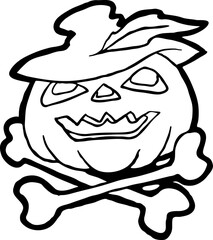 Halloween pumpkin monster head hand drawn illustration. Big round orange pumpkin. Cute and scary face ghost. Poster print design, party decoration, invitation deco. Vector drawing.
