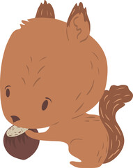 Little baby squirrel with a nut in cartoon style. Cute forest animal illustration. Good as print card sticker for kids accessories