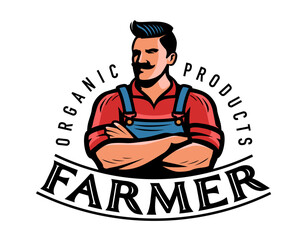 Farmer logo or emblem. Farm, agriculture, farming badge. Organic natural food symbol vector illustration