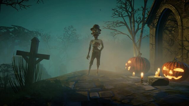 A zombie walks through the cemetery