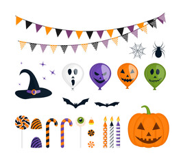 Halloween elements set. Bunting, witch hat, pumpkin, sweets, candles, balloons, bats, spider.