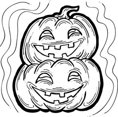 Halloween pumpkin monster head hand drawn illustration. Big round orange pumpkin. Cute and scary face ghost. Poster print design, party decoration, invitation deco. Vector drawing.