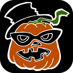 Halloween pumpkin monster head hand drawn illustration. Big round orange pumpkin. Cute and scary face ghost. Poster print design, party decoration, invitation deco. Vector drawing.