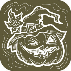 Halloween pumpkin monster head hand drawn illustration. Big round orange pumpkin. Cute and scary face ghost. Poster print design, party decoration, invitation deco. Vector drawing.