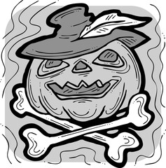 Halloween pumpkin monster head hand drawn illustration. Big round orange pumpkin. Cute and scary face ghost. Poster print design, party decoration, invitation deco. Vector drawing.