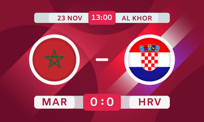 Morocco Vs Croatia Match Design Element. Football Championship Competition Infographics. Announcement, Game Score, Scoreboard Template. Vector