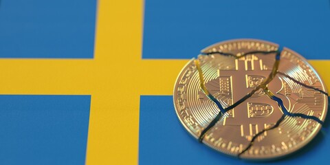 Flag of Sweden and broken bitcoin. Cryptocurrency ban or crypto legal issues concepts, 3d rendering